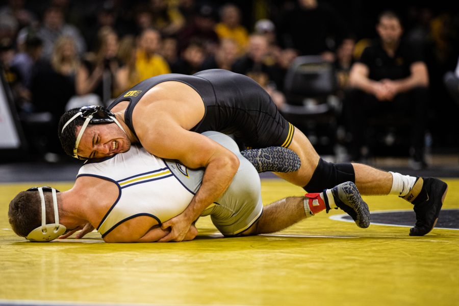 Iowas+174-pound+Michael+Kemerer+wrestles+UTCs+Hunter+Fortner+during+a+wrestling+dual-meet+between+Iowa+and+Tennessee-Chattanooga+at+Carver-Hawkeye+Arena+on+Sunday%2C+Nov.+17%2C+2019.+Kemerer+won+by+technical+fall%2C+20-0%2C+and+the+Hawkeyes+defeated+the+Mocs%2C+39-0.+%28Shivansh+Ahuja%2FThe+Daily+Iowan%29