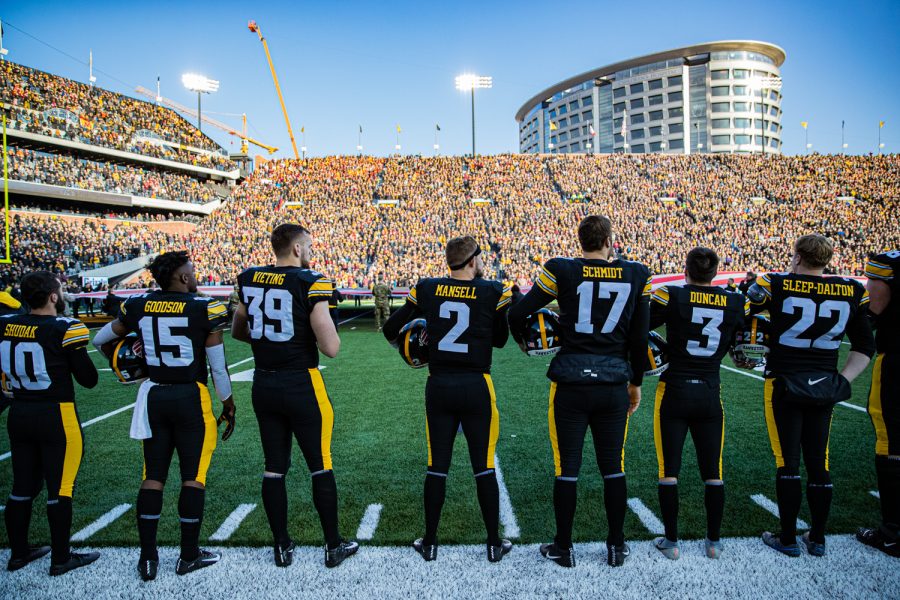 Iowa+players+stand+for+the+national+anthem+during+a+football+game+between+Iowa+and+Minnesota+at+Kinnick+Stadium+on+Saturday%2C+Nov.+16%2C+2019.