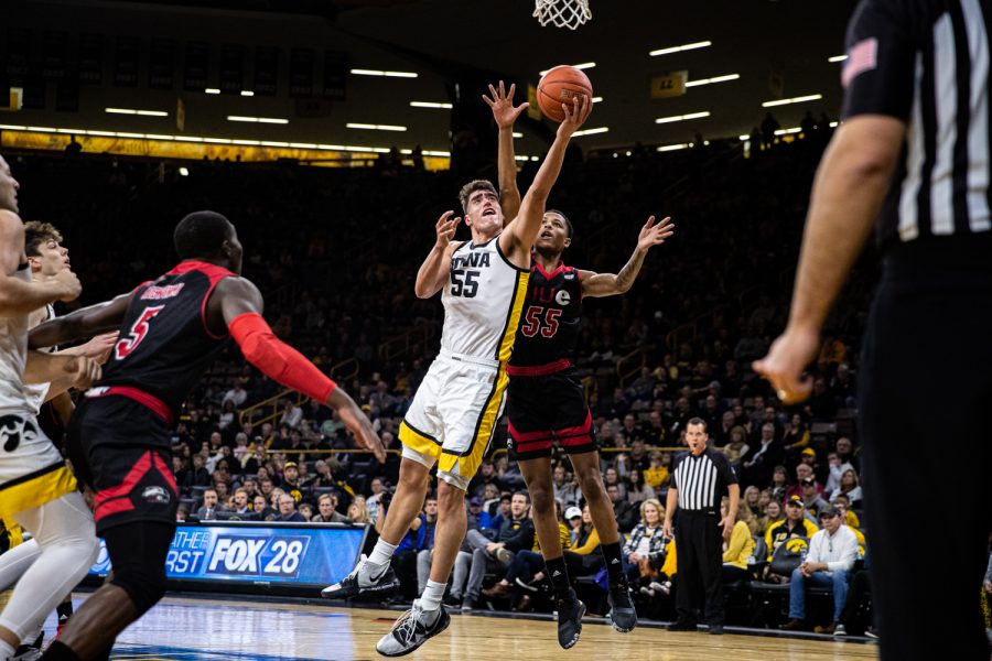 Iowa forward Luka Garza goes for a layup during a mens basketball game between Iowa and Southern Illinois-Edwardsville at Carver-Hawkeye Arena on Friday, Nov. 8, 2019. Garza scored 20 points in the win.