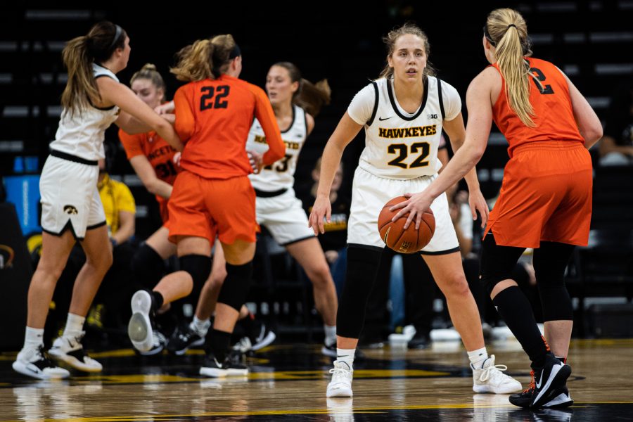 Iowa guard Kathleen Doyle defends during a womens basketball game between Iowa and Princeton at Carver-Hawkeye Arena on Wednesday, November 20, 2019. The Hawkeyes defeated the Tigers, 77-75 in overtime.