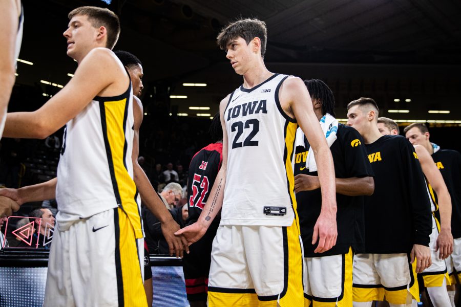 Iowa forward Patrick McCaffery shakes hands after a mens basketball game between Iowa and Southern Illinois-Edwardsville at Carver-Hawkeye Arena on Friday, Nov. 8, 2019. McCaffery finished 2 of 7 from inside the paint and had 4 rebounds on the night.