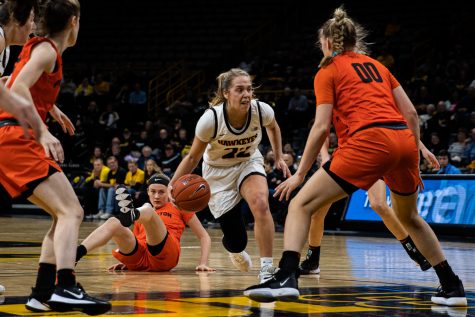 Iowa guard Kathleen Doyle dribbles during a womens basketball game between Iowa and Princeton at Carver-Hawkeye Arena on Wednesday, November 20, 2019. The Hawkeyes defeated the Tigers, 77-75 in overtime.
