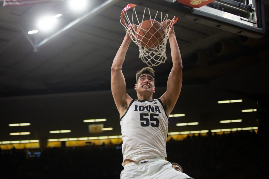 Iowas Luka Garza dunks the ball during a game against Kennesaw State University at Carver Hawkeye Arena on Sunday, Dec. 29, 2019. The Hawkeyes defeated the Owls, 93-51. (Emily Wangen/The Daily Iowan)