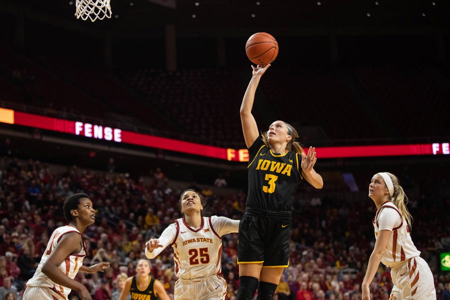 Iowa guard Makenzie Meyer shoots during a game against Iowa State at the Hilton Coliseum on Wednesday December 11, 2019. The Hawkeyes defeated the Cyclones, 75-69. Meyer had a total of 18 points.