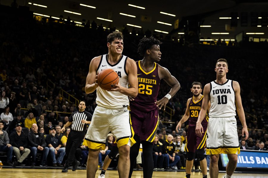 Iowa center Luka Garza reacts during the mens basketball game against Minnesota at Carver-Hawkeye Arena on Monday, December 9, 2019. The Hawkeyes defeated the Gophers 72-52. Garza played 30 minutes during the game.