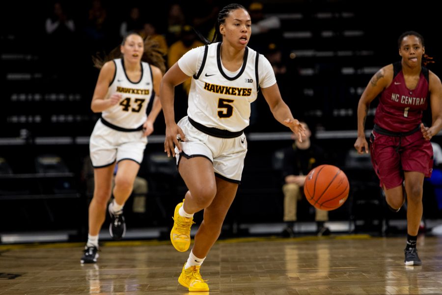 Iowa guard Alexis Sevillian drives down the court during a game against North Carolina Central University on Saturday, Dec. 14, 2019 at Carver Hawkeye Arena. The Hawkeyes defeated the Eagles, 102-50.