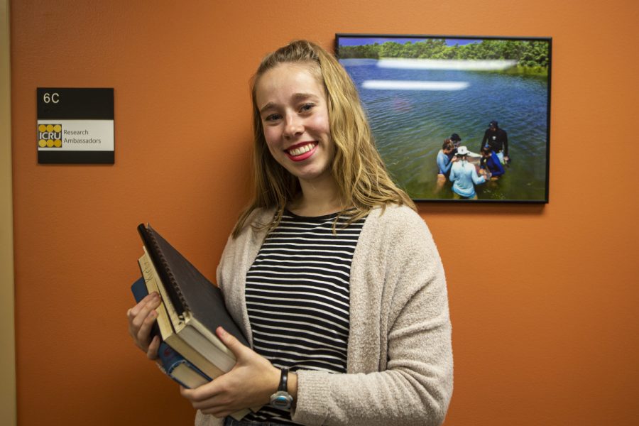 Primary Investigator for Research on organization’s responses to migration in Spain, Alexis Mahanna, poses for a photo in the Office of Research by Undergraduates in Gilmore Hall on Tuesday, December 3, 2019. Mahanna won the Inaugural Undergraduate Library Research Award for her use of library resources while preparing her thesis before conducting research in Spain.