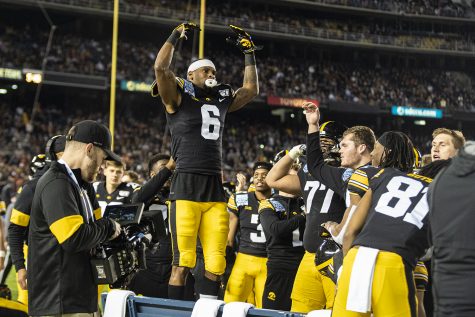 Iowa wideout Ihmir Smith-Marsette celebrates his kick-return touchdown during the 2019 SDCCU Holiday Bowl between Iowa and USC in San Diego on Friday, Dec. 27, 2019.