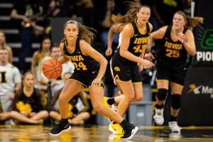 Iowa guard Gabbie Marshall dribbles during a women’s basketball match between Iowa and Clemson at Carver-Hawkeye Arena on Wednesday, Dec. 4, 2019. The Hawkeyes defeated the Tigers, 74-60. 