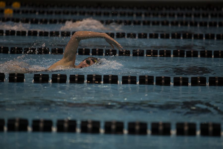 Allyssa Fluit participates in the Women’s 200 freestyle during an intrasquad meet at the Campus Recreation and Wellness Center on Saturday Sept. 28, 2019. The Gold team defeated the Black team 109.0-83.0. Fluit came in second with a time of 1:53.01. (Katie Goodale/The Daily Iowan)