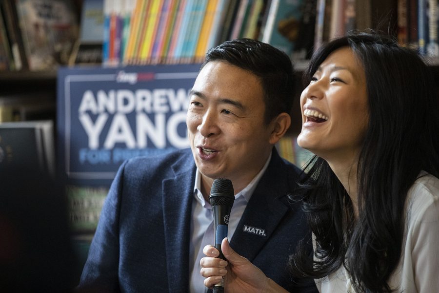 Democratic candidate Andrew Yang and his wife Evelyn Yang share a laugh during a roundtable on the topic of family and autism at Sidekick cafe in University Heights on Saturday, Dec. 14, 2019. The Yang’s shared their experience with their son Christopher, who is on the autism spectrum. 