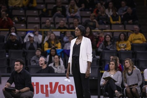 Iowa head coach Vicki Brown watches a play during a match between the University of Iowa and University of Maryland at Carver Hawkeye Arena on Saturday, November 30, 2019.  The Hawkeyes defeated the Terrapins 3-1. Saturday was the final match that Iowa volleyball will play in Carver, as it moves to the Xtream Arena next fall.