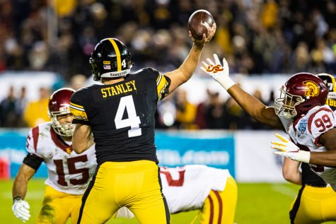 Iowa quarterback Nate Stanley attempts a pass during the 2019 SDCCU Holiday Bowl between Iowa and USC in San Diego on Friday, Dec. 27, 2019. Stanley finished with a 67% completion rate for 213 yards.