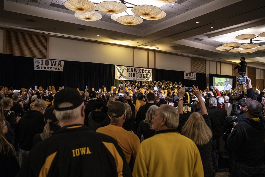 Fans gather during the Hawkeye Huddle at the Hilton San Diego Bay Front on Thursday, December 26, 2019. Hundreds of Hawkeye fans gathered the night before the Holiday Bowl game to cheer on Iowa.