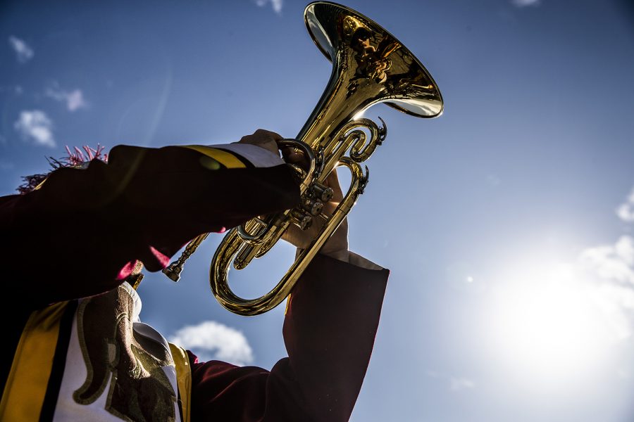A member of The Spirit of Troy performs during the Battle of the Bands at the Marriot Marquis San Diego Marina on Thursday, December 26, 2019. Both Iowa and USC fans gathered to watch the schools play songs back and forth to each other.