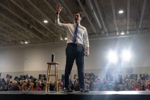 South Bend, Indiana Mayor Pete Buttigieg takes the stage during a town hall at the Coralville Marriott on Sunday, December 8, 2019. Mayor Buttigieg spoke to a crowd of over 2,000 people at the event. 