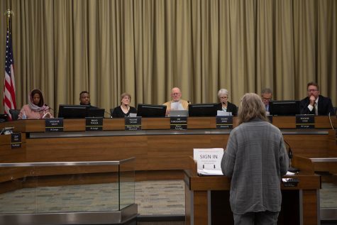 Iowa City resident Nancy Carlson speaks to the Iowa City councilors during a public comment period during consideration of an ordinance that would repeal a rental permit moritorium on Tuesday, Dec. 3, 2019. 