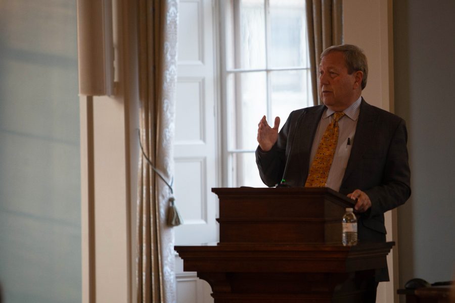 University of Iowa President Bruce Harreld addresses the Faculty Senate during a meeting in the Old Capitol Senate Chambers on Tuesday, Dec. 10, 2019. Harreld talked about the approval of the public/private partnership. 