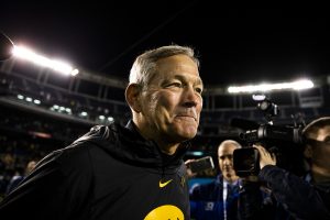 Iowa head coach Kirk Ferentz smiles after the win during the Holiday Bowl game between Iowa and USC at SDCCU Stadium on Friday, Dec. 27, 2019. The Hawkeyes defeated the Trojans, 49-24.