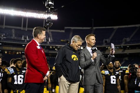Iowa head coach Kirk Ferentz gets emotional as the announcer mentioned Hayden Fry during the Holiday Bowl game between Iowa and USC at SDCCU Stadium on Friday, Dec. 27, 2019. The Hawkeyes defeated the Trojans, 49-24.