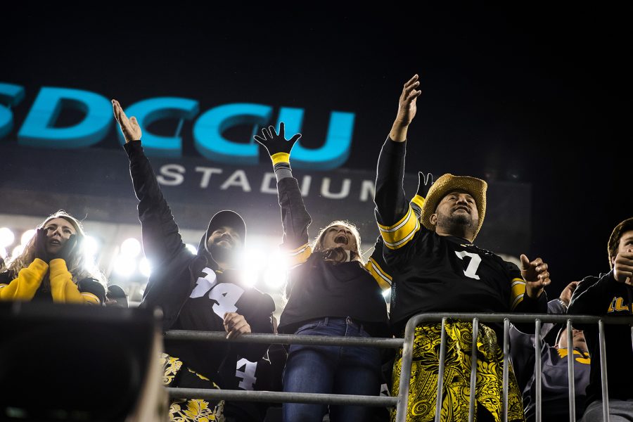 The Epenesa family greets Iowa defensive end A.J. Epenesa after the Holiday Bowl game between Iowa and USC at SDCCU Stadium on Friday, Dec. 27, 2019. The Hawkeyes defeated the Trojans, 49-24.