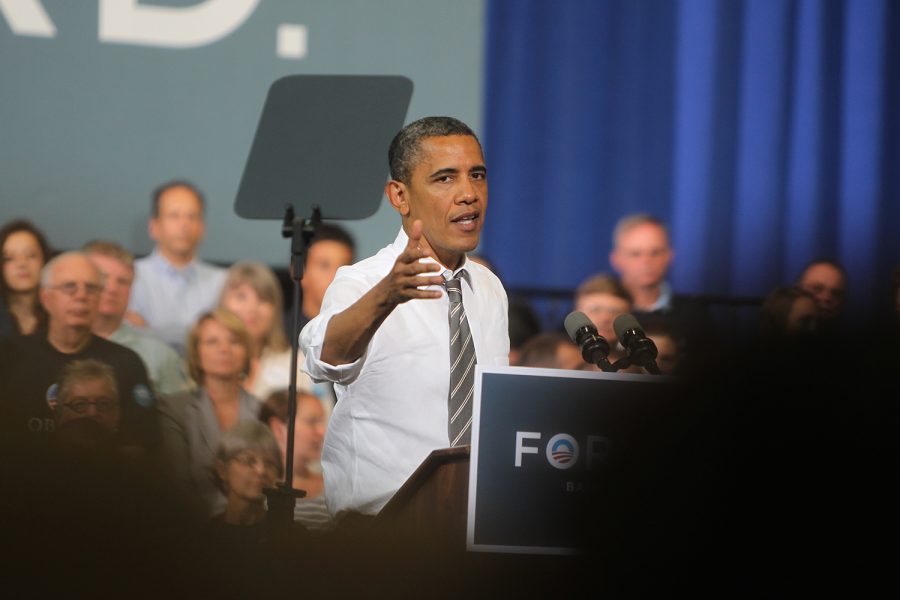 Cedar Rapids, Iowa-  President Barack Obama speaks at a campaign event at Kirkwood Community College in Cedar Rapids. President Obamas remarks focused on the economy and the state of US job growth.  