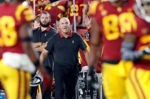 USC head coach Clay Helton reacts after yet another personal fopul call against the Trojans in the second quarter at the Coliseum on Saturday night, Nov,. 2, 2019. USC will face Iowa in the Holiday Bowl. (Luis Sinco/Los Angeles Times/TNS)