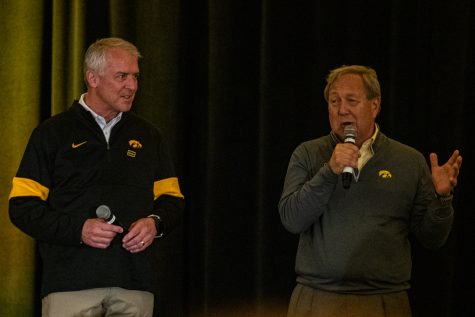 Iowa Athletic Director Gary Barta (left) and UI President Bruce Harreld (right) speak during the Hawkeye Huddle at the Hilton San Diego Bay Front on Thursday, Dec. 26, 2019.