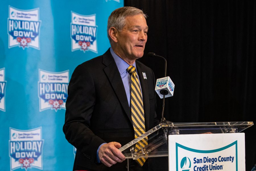 Iowa head coach Kirk Ferentz speaks during the 2019 SDCCU Holiday Bowl Coaches Press Conference in the Grand Hyatt Hotel in San Diego on Thursday, Dec. 26, 2019.