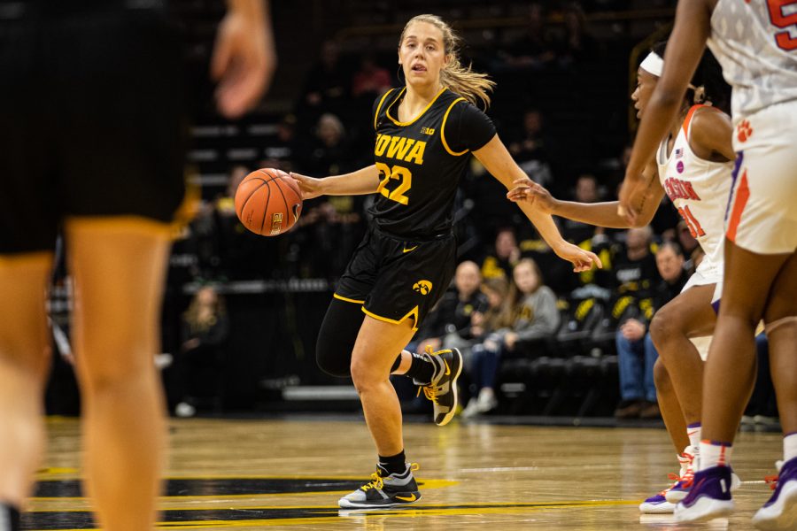 Iowa guard Kathleen Doyle looks to pass during a women’s basketball match between Iowa and Clemson at Carver-Hawkeye Arena on Wednesday, Dec. 4, 2019. The Hawkeyes defeated the Tigers, 74-60.