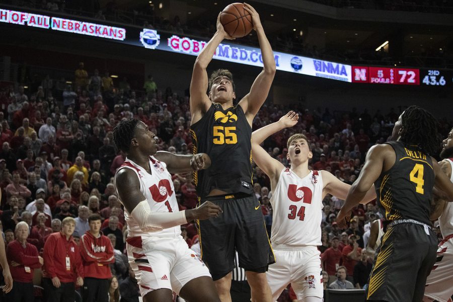 Iowa center Luka Garza rebounds a ball during a men’s basketball game between Iowa and Nebraska at Pinnacle Bank Arena in Lincoln on Tuesday, January 7th. The Hawkeyes fell to the Huskers 76-70.