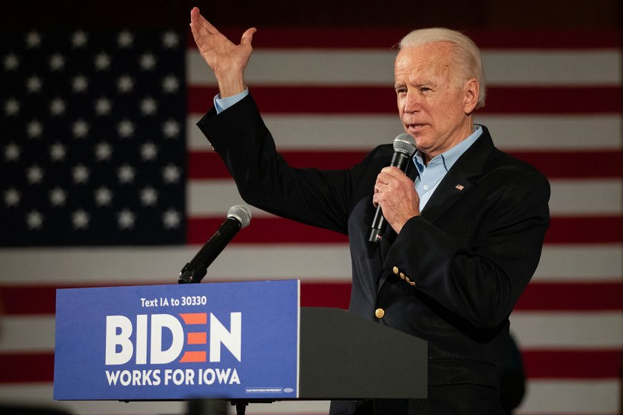 Former Vice President Joe Biden speaks during a rally at the Iowa Memorial Union on Monday January 27, 2020. 