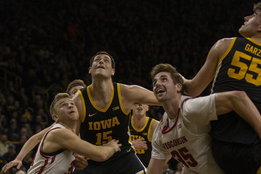 Iowa forward Ryan Kriener watches the ball during a basketball game between Iowa and Wisconsin on Monday, Jan. 27, 2020 at Carver Hawkeye Arena. The Hawkeyes defeated the Badgers, 68-62.