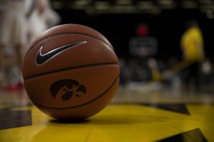 A basketball is seen on the court during a game between Iowa and Wisconsin on Jan. 27 at Carver Hawkeye Arena. 