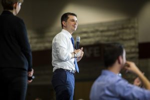 Former South Bend, Indiana mayor and Democratic presidential-nomination hopeful Pete Buttigieg speaks at his rally at North Liberty High School in North Liberty, Iowa on Monday, January 27, 2020. 