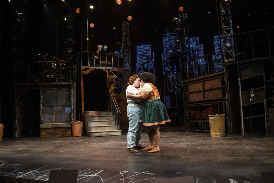 Hannah Frame and Britny Horton kiss during the Hit the Wall dress rehearsal in the Theater Building on Tuesday, Jan. 28, 2020. Hit the Wall depicted the violence of Stonewall riots.