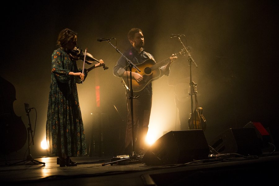 Andrew Marlin and Emily Frantz of the band Mandolin Orange open their concert at the Englert theatre on Tuesday, January 28, 2020. 