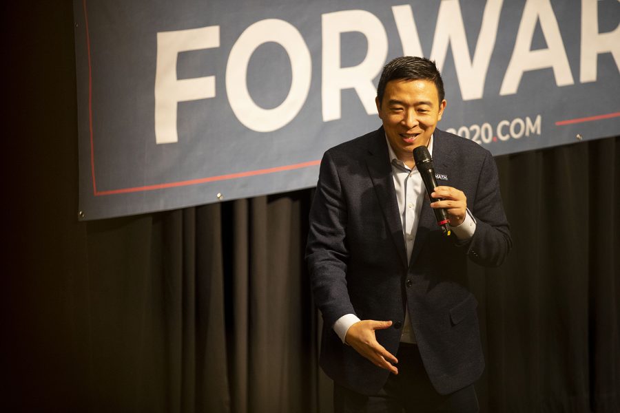 Democratic+presidential+nomination+candidate+Andrew+Yang+speaks+during+a+town+hall+event+in+the+IMU+Second+Floor+Ballroom+on+Wednesday.+Yang%E2%80%99s+support+has+grown+consistently+in+Iowa+since+he+announced+candidacy%2C+due+in+part+to+large+internet+following.+