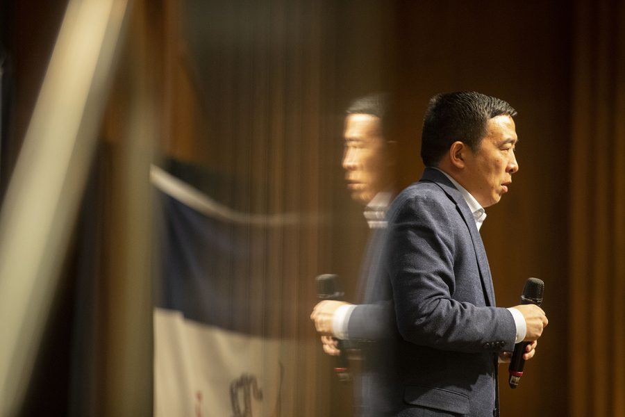 Democratic presidential candidate Andrew Yang speaks during a town hall event in the Second Floor Ballroom in the IMU on Wednesday, January 29, 2020. Yang’s support has grown consistently in Iowa since he announced candidacy, due partially to large internet following. 