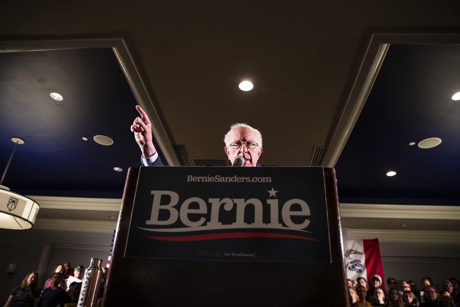 Sen. Bernie Sanders, I-.Vt., speaks during the Iowa City Climate Rally at the Graduate hotel on Jan. 12. Sanders discussed his climate policies, the impact of climate change, the Green New Deal, and the dangers of climate inaction in the government.