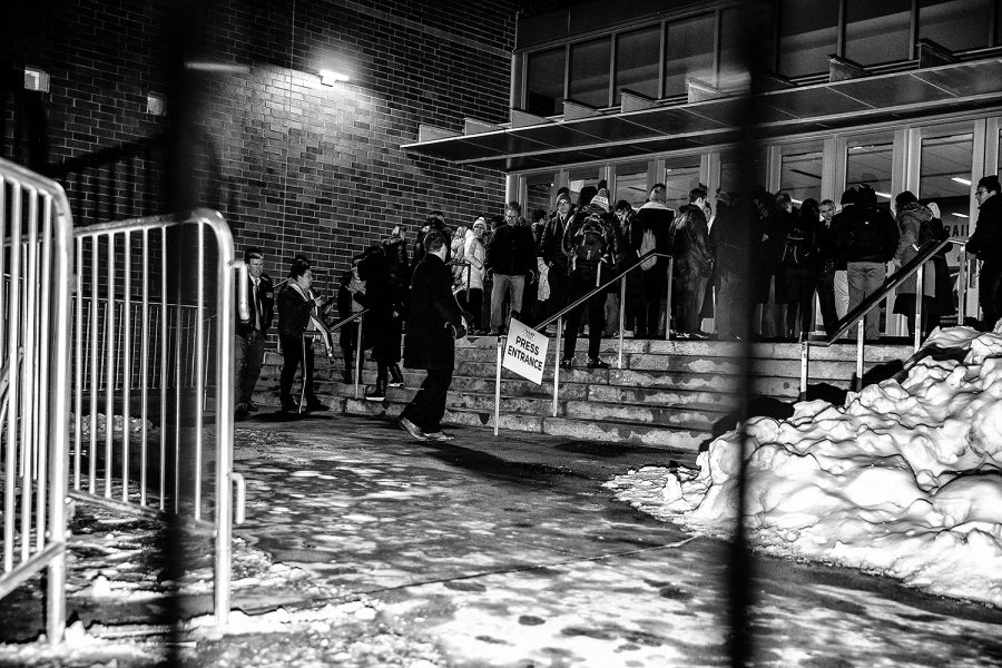 Media members stand outside the press entrance for a rally for President Donald Trump at the Knapp Center on Thursday, January 30, 2020. Hundreds of individuals including supporters, protestors, and members of the press were left outside after the event reached maximum capacity.