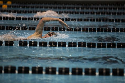 Allyssa Fluit participates in the Women’s 200 freestyle during an intrasquad meet at the Campus Recreation and Wellness Center on Saturday Sept. 28, 2019. The Gold team defeated the Black team 109.0-83.0. Fluit came in second with a time of 1:53.01.