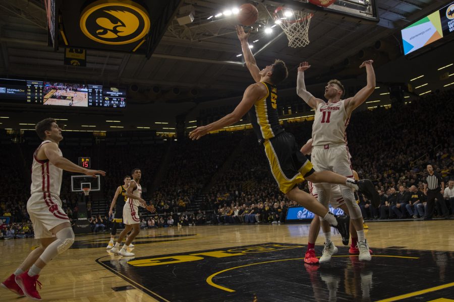 Iowa+center+Luka+Garza+shoots+a+reverse+layup+during+a+basketball+game+between+Iowa+and+Wisconsin+on+Monday%2C+Jan.+27%2C+2020+at+Carver+Hawkeye+Arena+The+Hawkeyes+defeated+the+Badgers%2C+68-62.+