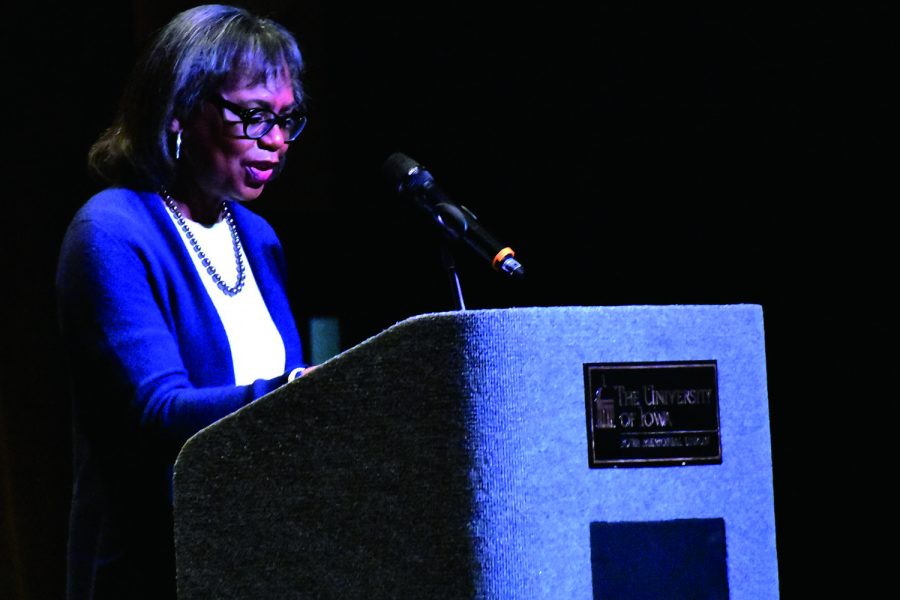 Professor Anita Hill gives a speech on sexual harassment on Thursday, January 23, 2020.