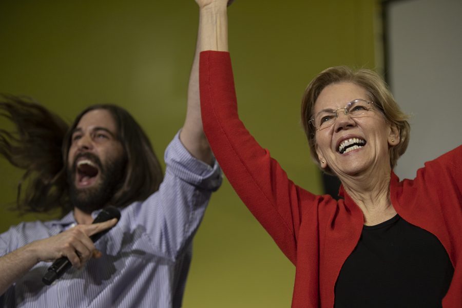 Hairstylist and reality TV Star Jonathan Van Ness introduces Sen. Elizabeth Warren, D-Mass., at NewBo Market in Cedar Rapids on Sunday, Jan. 26. Van Ness endorsed Warren and spoke about her platform issues such as health care and discrimination. 