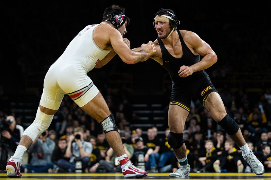 Iowa%E2%80%99s+174-pound+Michael+Kemerer+wrestles+Ohio+State%E2%80%99s+Kaleb+Romero+during+a+wrestling+dual+meet+between+No.+1+Iowa+and+No.+4+Ohio+State+at+Carver-Hawkeye+Arena+on+Friday%2C+Jan.+24%2C+2020.+No.+2+Kemerer+defeated+No.+8+Romero+by+decision%2C+6-1%2C+and+the+Hawkeyes+defeated+the+Buckeyes%2C+24-10.+