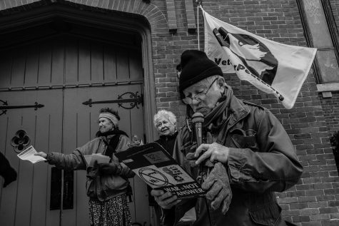 Ed Flaherty, Secretary of Veterans for Peace speaks during an anti-war with Iran demonstration at the Old Brick Church in Iowa City on Jan. 25.