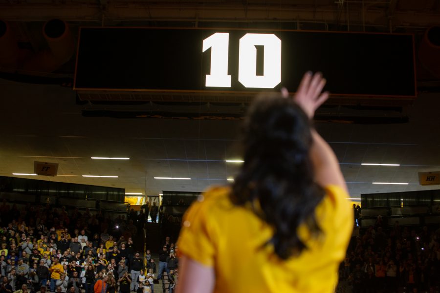 Former Iowa basketball player Megan Gustafson waves to the crowd during the retirement ceremony for her number 10 jersey following the Iowa womens basketball game against Michigan State University on Sunday, Jan. 26, 2020 at Caver-Hawkeye Arena. The Hawkeyes defeated the Spartans, 74-57. 