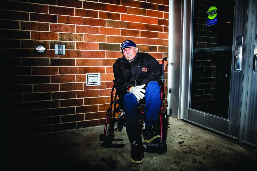 Normal Lettington, a U.S. Army veteran sits in a wheelchair outside of the VIP entrance outside of a rally for President Donald Trump at the Knapp Center on Thursday, January 30, 2020. Lettington is diagnosed with Alzheimers and has a few months left of life. Currently being treated in the veterans unit in the hospital, he cannot make most trips out to the public. Lettington made traveled to the event in hope of seeing President Trump in person.