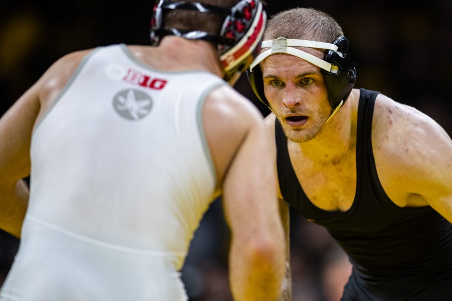 Iowa%E2%80%99s+141-pound+Carter+Happel+wrestles+Ohio+State%E2%80%99s+Luke+Pletcher+during+a+wrestling+dual+meet+between+No.+1+Iowa+and+No.+4+Ohio+State+at+Carver-Hawkeye+Arena+on+Friday%2C+Jan.+24%2C+2020.+No.+1+Pletcher+defeated+Happel+by+major+decision%2C+14-5%2C+and+the+Hawkeyes+defeated+the+Buckeyes%2C+24-10.+%28Shivansh+Ahuja%2FThe+Daily+Iowan%29
